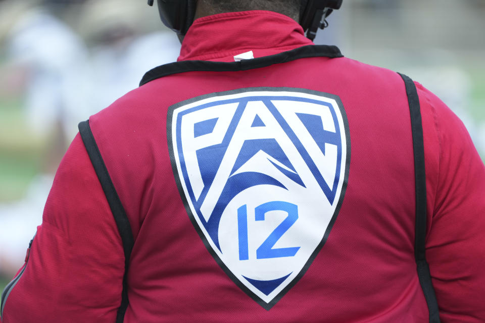 Seattle, WA - APRIL 22: A general view of the PAC12 logo as the PAC12 Network televises the Washington Husky Spring game on April 22, 2023 at Husky Stadium in Seattle, WA. (Photo by Jeff Halstead/Icon Sportswire via Getty Images)