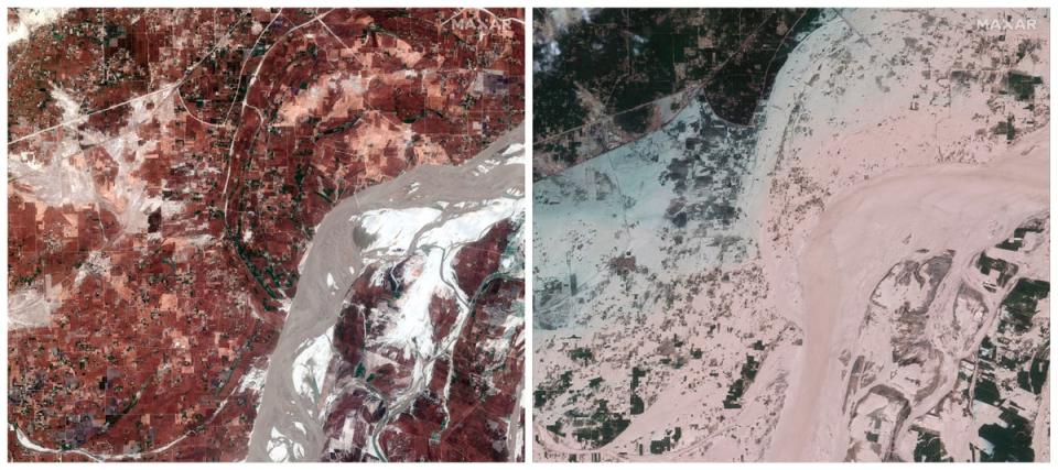 Satellite photos show the Indus River in the aftermath of flooding in Rajanpur, Pakistan this year (Maxar Technologies)