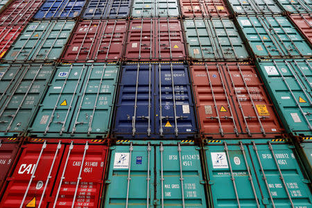 FILE PHOTO: A stack of shipping containers are pictured in the Port of Miami in Miami, Florida, U.S., May 19, 2016. REUTERS/Carlo Allegri/File Photo