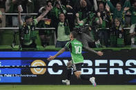 Austin FC forward Sebastian Driussi (10) celebrates after his goal against St Louis City SC during the first half of an MLS soccer match in Austin, Texas, Saturday, Feb. 25, 2023. (AP Photo/Eric Gay)