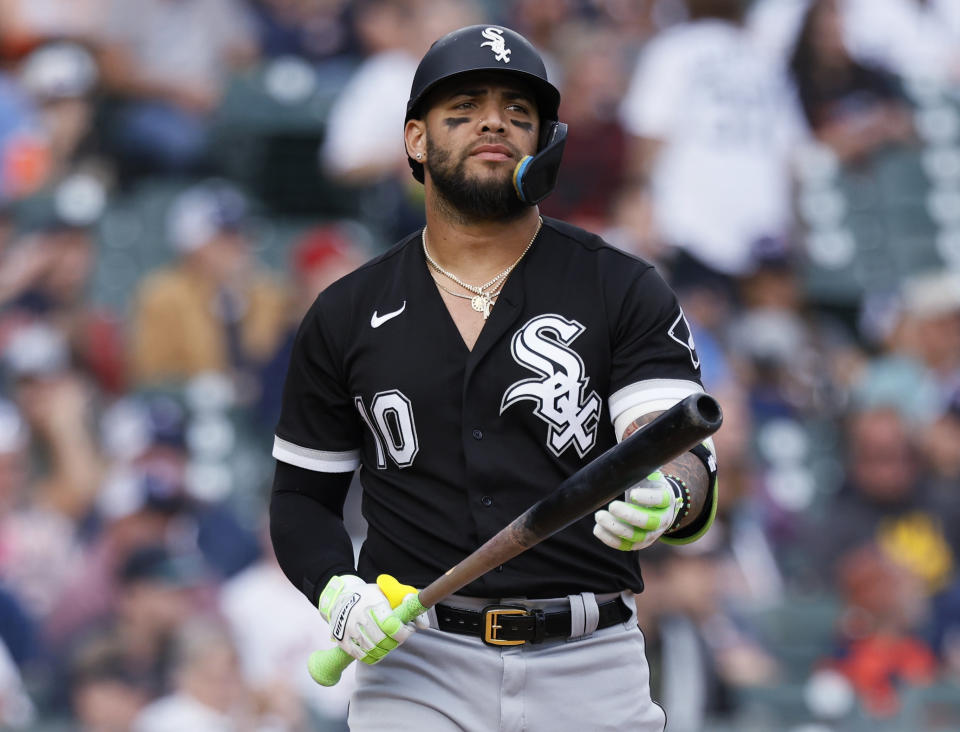 Chicago White Sox's Yoan Moncada (10) heads for the dugout after striking out against the Detroit Tigers during the first inning of a baseball game Saturday, Sept. 9, 2023, in Detroit. (AP Photo/Duane Burleson)