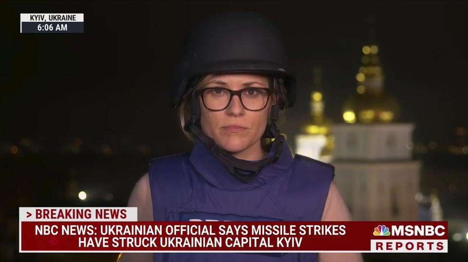 This image released by NBC News shows Erin McLaughlin reporting on the Ukraine crisis. (NBC News via AP)