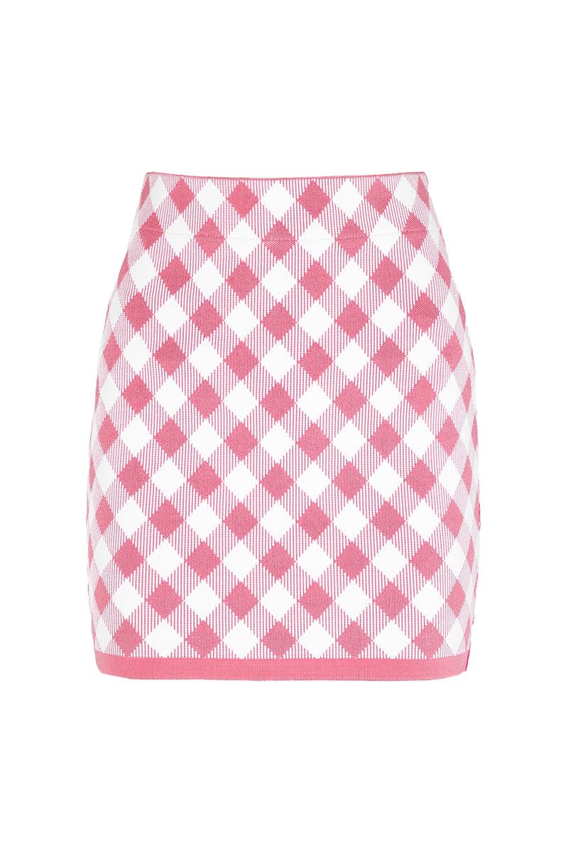 Pink Gingham Stretch-Knit Mini Skirt