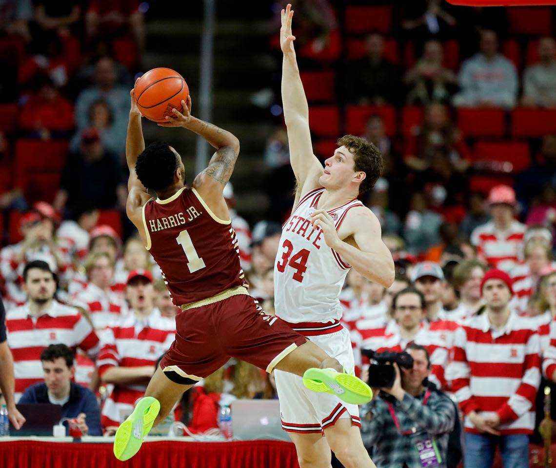 N.C. State’s Ben Middlebrooks defends a shot by Boston College’s Claudell Harris Jr. during the second half of the Wolfpack’s 81-70 win on Saturday, Feb. 24, 2024, at PNC Arena in Raleigh, N.C. Kaitlin McKeown/kmckeown@newsobserver.com