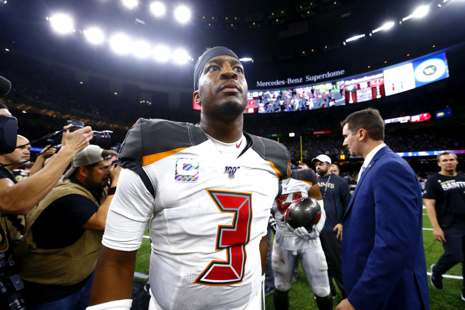 Tampa Bay Buccaneers quarterback Jameis Winston (3) walks on the field after an NFL football game against the New Orleans Saints in New Orleans, Sunday, Oct. 6, 2019. The Saints won 31-24. (AP Photo/Butch Dill)