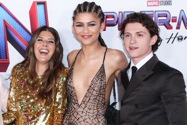 <p>Image Press Agency/NurPhoto/Shutterstock </p> From Left: Marisa Tomei, Zendaya and Tom Holland on Dec. 14, 2021