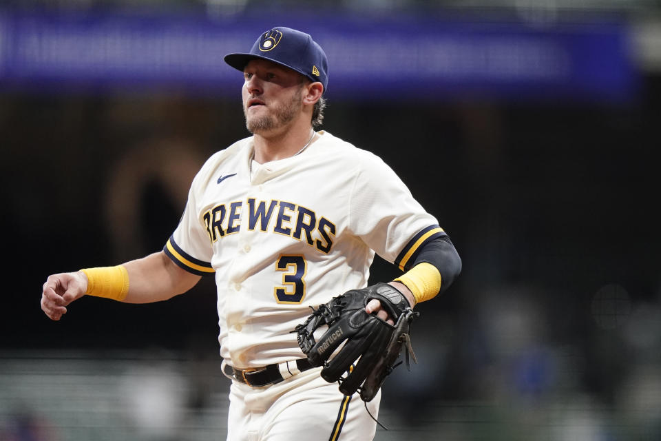 Milwaukee Brewers' Josh Donaldson looks on during the first inning of a baseball game against the Miami Marlins, Monday, Sept. 11, 2023, in Milwaukee. (AP Photo/Aaron Gash)