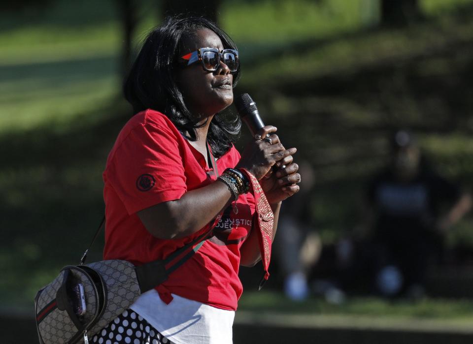 Tammy Fournier-Alsaada speaks at an event on June 6, 2020 organized by The People's Justice Project at Franklin Park to mark the death four years earlier of Henry Green in a shootout with two plainclothes Columbus police officers in North Linden.