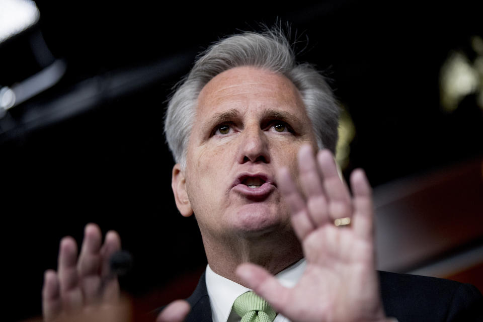 House Republican Leader Kevin McCarthy, R-Calif., speaks to reporters after Speaker of the House Nancy Pelosi, D-Calif., announced earlier that the House is moving forward to draft articles of impeachment against President Donald Trump, at the Capitol in Washington, Thursday, Dec. 5, 2019. (AP Photo/Andrew Harnik)