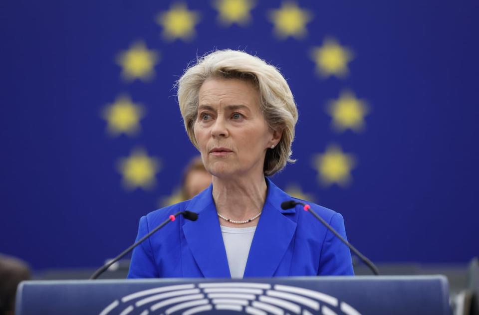 European Commission President Ursula von der Leyen speaks at the European Parliament, in Strasbourg, eastern France, during the plenary debate on the attacks by Hamas on Israel, Israel’s right to defend itself in line with humanitarian and international law and the humanitarian situation in Gaza on Wednesday, Oct. 18, 2023.