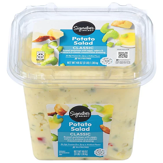 Container of Signature Select Classic Potato Salad, 3 pounds, with Russet potatoes, eggs, celery, onions, and a mustard-mayo dressing, gluten-free