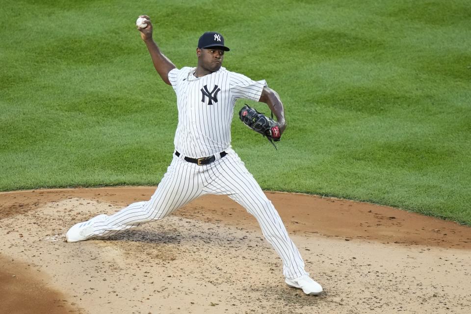 New York Yankees' Luis Severino pitches during the third inning of the team's baseball game against the Baltimore Orioles on Thursday, July 6, 2023, in New York. (AP Photo/Frank Franklin II)