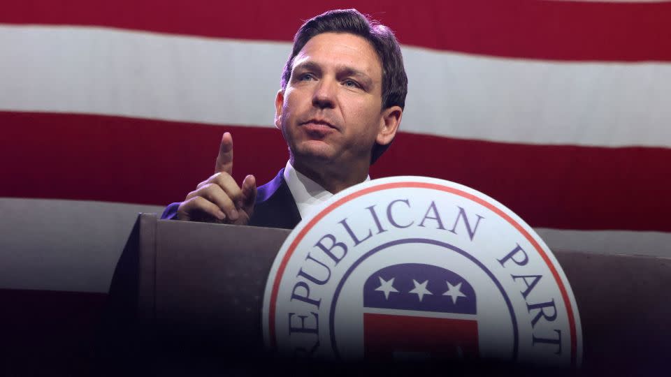 Republican presidential candidate and Florida Gov. Ron DeSantis speaks at the Republican Party of Iowa's Lincoln Day Dinner in Des Moines, Iowa, on July 28.  - Scott Morgan/Reuters
