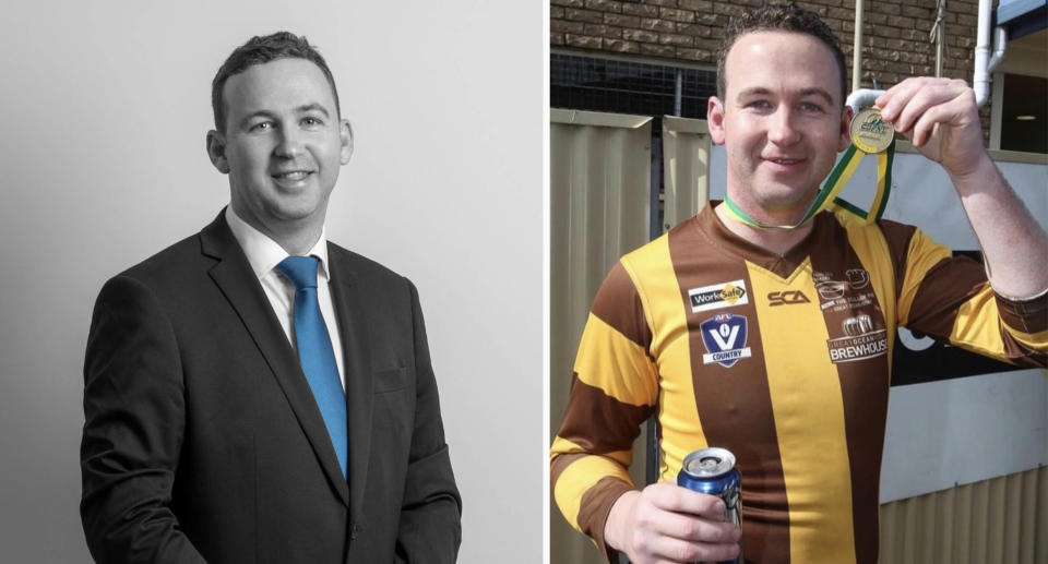 Liam Harrington in a suit (left) and in a sport club shirt and holding a medal around his neck (right).