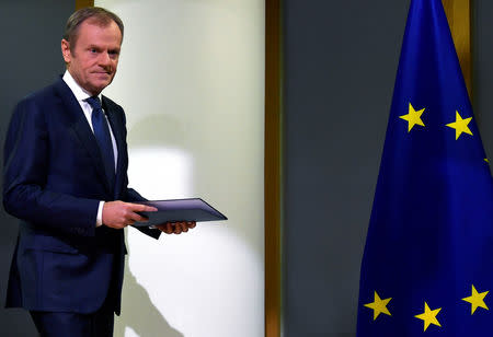 President of the European Council Donald Tusk arrives to deliver a statement on Brexit ahead of the EU summit in Brussels, Belgium March 20, 2019. REUTERS/Toby Melville