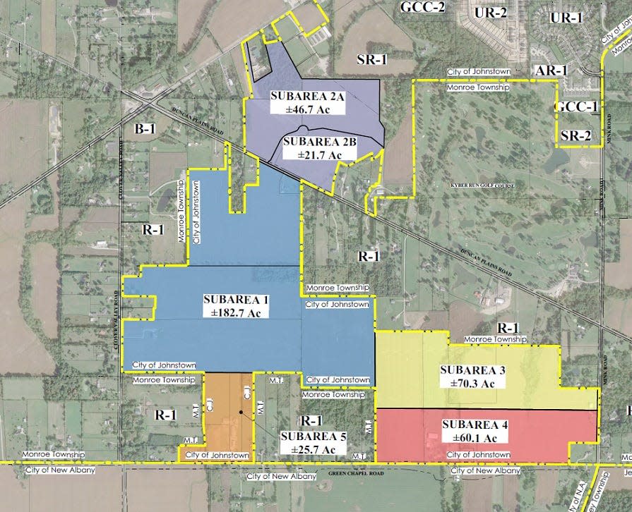 A map shows 407-acre mixed-use development proposed by the New Albany Co. in the City of Johnstown.