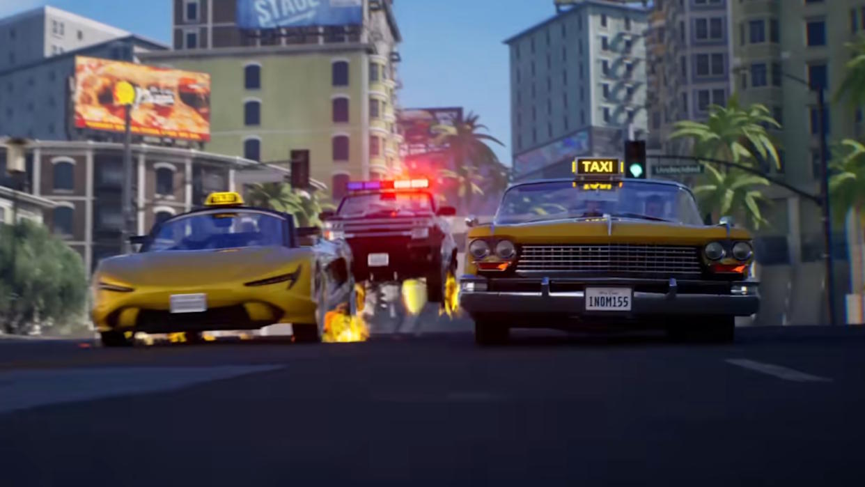  Crazy Taxi reboot trailer still - two taxis being chased by a police car. 