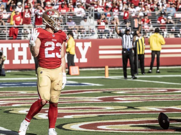 San Francisco 49ers running back Christian McCaffrey celebrates after scoring his fourth touchdown against the Arizona Cardinals on Sunday at Levi's Stadium in Santa Clara, Calif. Photo by Terry Schmitt/UPI