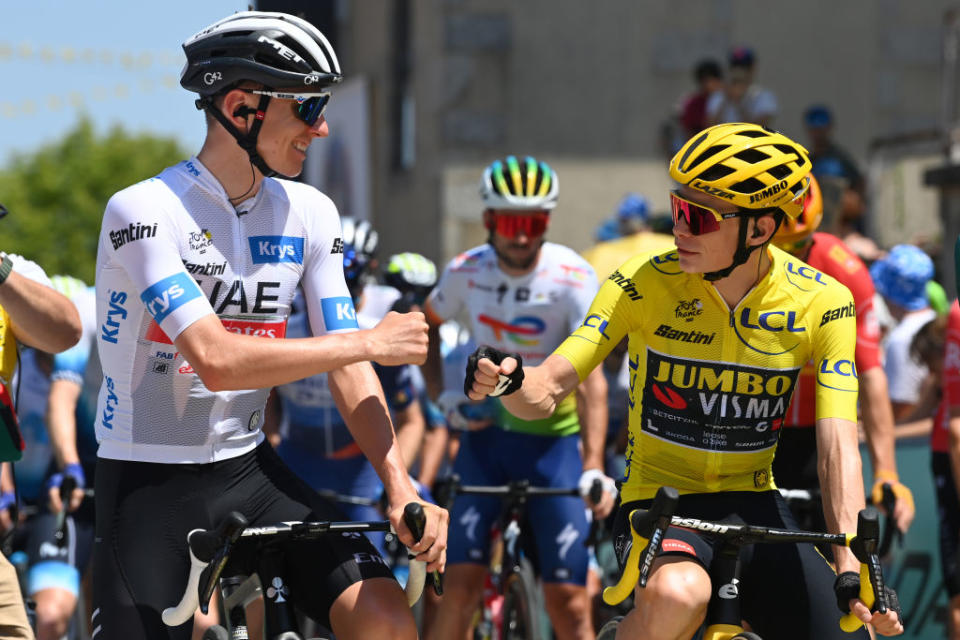 SAINTLONARDDENOBLAT FRANCE  JULY 09 LR Tadej Pogacar of Slovenia and UAE Team Emirates  White Best Young Rider Jersey and Jonas Vingegaard of Denmark and Team JumboVisma  Yellow Leader Jersey prior to the stage nine of the 110th Tour de France 2023 a 1824km stage from SaintLonarddeNoblat to Puy de Dme 1412m  UCIWT  on July 09 2023 in SaintLonarddeNoblat France Photo by Tim de WaeleGetty Images