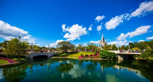 Outside a Disney theme park castle.