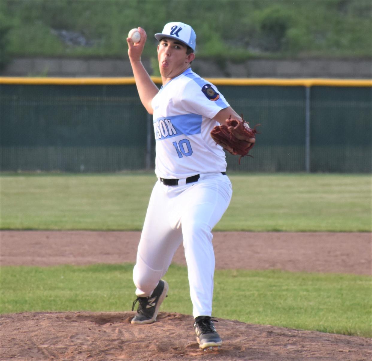 Peyton Roberts, pictured in a June 17 game at Ed Hinko Field in Utica, recorded the final out in relief for the Junior Utica Blue Sox Friday in round robin play at the state's junior division American Legion tournament in Binghamton.