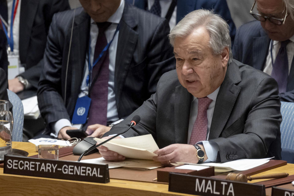 FILE - United Nations Secretary General Antonio Guterres speak during a Security Council meeting at the United Nations headquarters, April 18, 2024. An independent review released Monday, April 22, of the neutrality of UNRWA, the U.N. agency helping Palestinian refugees, has found that Israel never expressed concern about anyone on the staff lists it has received annually since 2011. The review was carried out after Israel alleged that a dozen employees of the agency had participated in Hamas’ Oct. 7 attacks. Guterres ordered the U.N. internal watchdog to carry out a separate investigation into the allegations. (AP Photo/Yuki Iwamura, File)