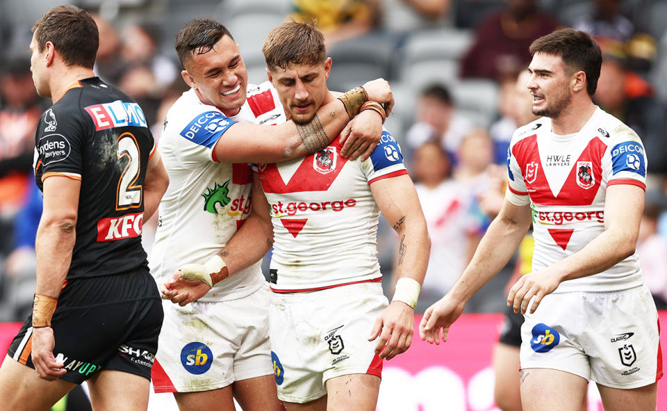 Jaydn Su'a, Zac Lomax and Cody Ramsey, pictured here in action for the St George Illawarra Dragons.