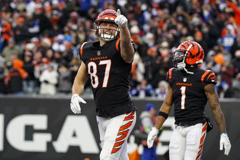 Cincinnati Bengals tight end Tanner Hudson (87) celebrates after a touchdown against the Indianapolis Colts in the second half of an NFL football game in Cincinnati, Sunday, Dec. 10, 2023. (AP Photo/Jeff Dean)