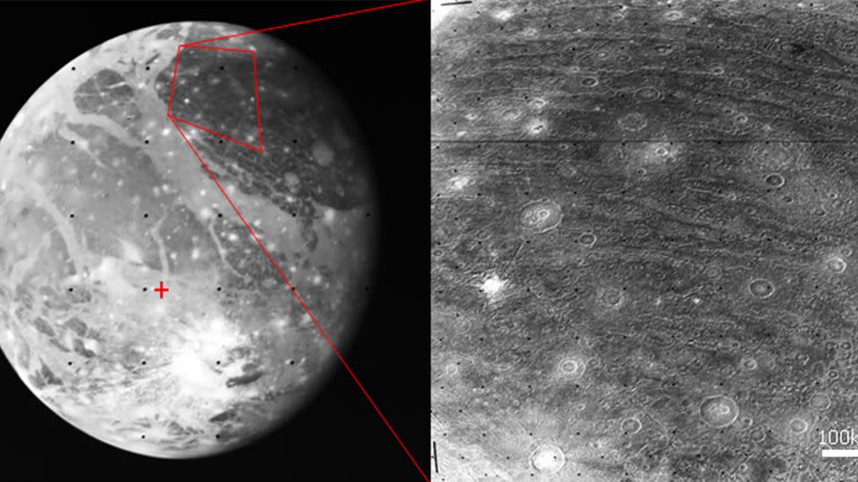 Ganymede is covered by furrows (right). In the largest system of furrows, the ridges<strong> </strong>form concentric circles around one specific spot (left, red cross). - Naoyuki Hirata