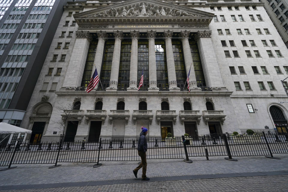 FILE - The New York Stock Exchange is seen in New York, Thursday, Feb. 24, 2022. Stocks edged lower in morning trading on Wall Street Wednesday, March 30, following four straight days of gains for major U.S. indexes. (AP Photo/Seth Wenig, File)