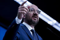 European Council President Charles Michel speaks during a media conference at the European Council building in Brussels, Friday, July 10, 2020. European Council President Charles Michel presented updated proposals for the EU's long-term budget and post-coronavirus recovery plan ahead of a summit next week in Brussels where heads of state and government leaders will try to agree on a compromise. (Kenzo Tribouillard, Pool Photo via AP)