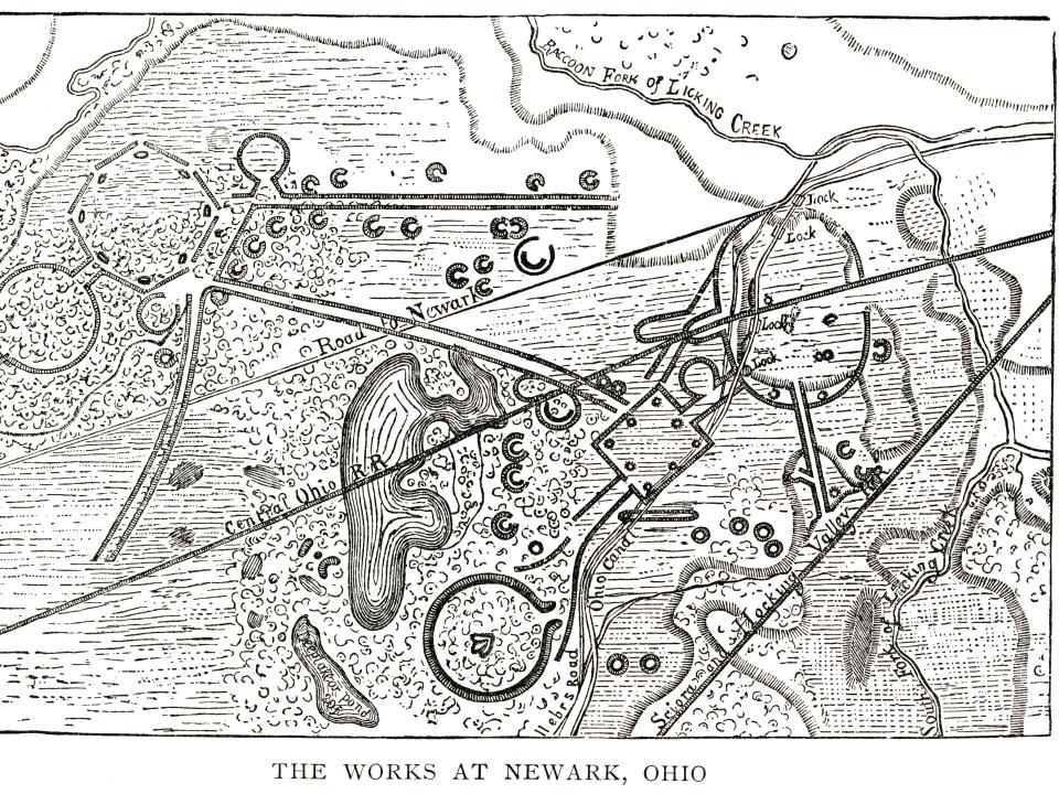 Woodcut map of Newark Earthworks, Ohio, USA. Built during Hopewell culture. 1889 facsimile of 1862 map in Prehistoric Man by Daniel Wilson.