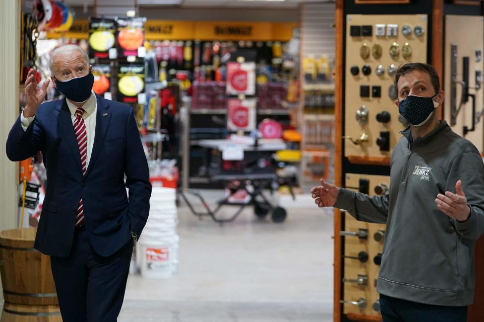 President Joe Biden visits W.S. Jenks & Son, a hardware store that has benefited from a Paycheck Protection Program loan, in Washington, D.C., on March 9.