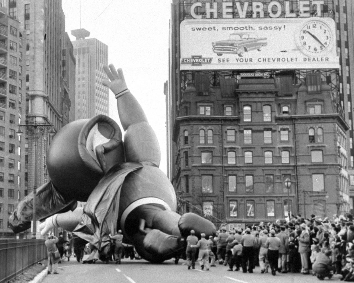 The Mighty Mouse balloon deflating at Columbus Circle