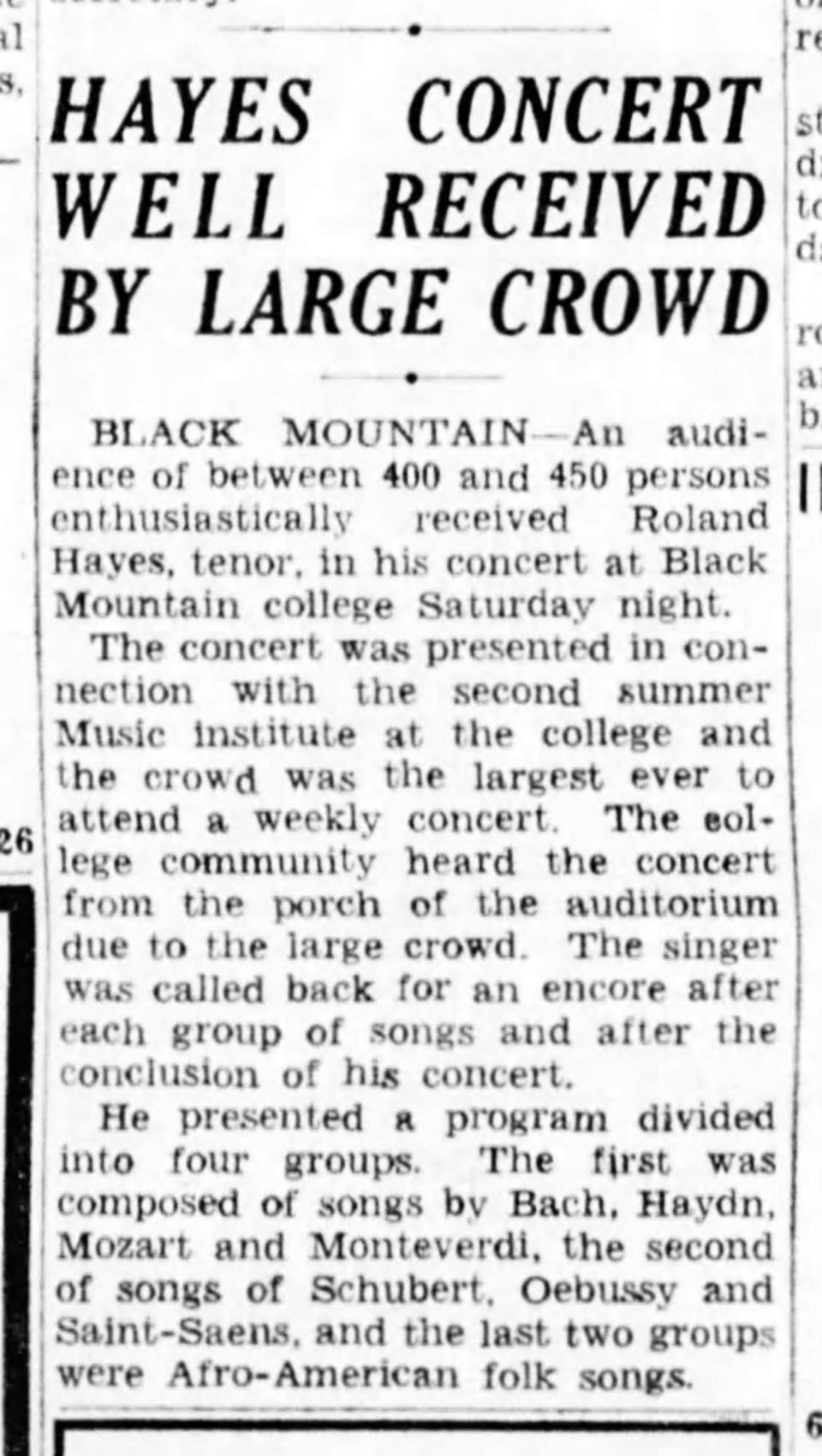Coverage of a Roland Hayes concert in the Aug. 5, 1945, edition of the Asheville Citizen Times.