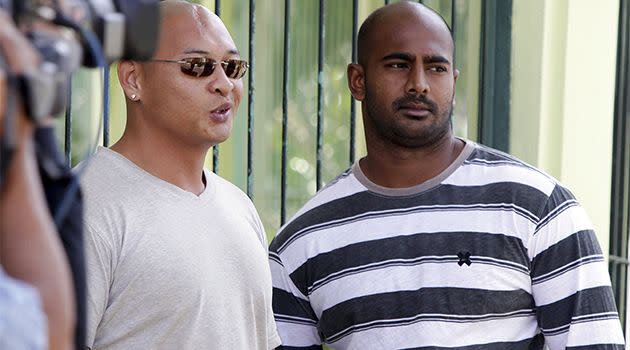 Australian death-row prisoners Andrew Chan (left) and Myuran Sukumaran (right) stand in front of their cell. Source: AAP