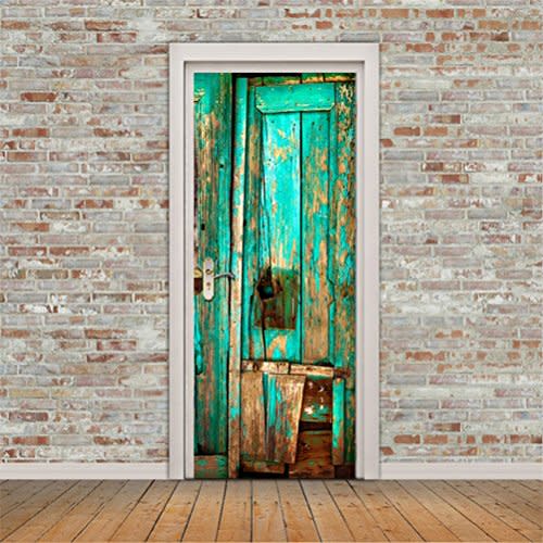 7) Rustic Green Door Wall Mural Wallpaper