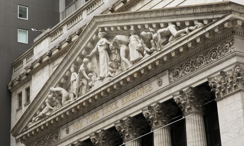 FILE - This June 30, 2020, file photo, shows the facade of the New York Stock Exchange. U.S. stocks are dipping modestly in early trading Tuesday, July 7, 2020, as expanding coronavirus outbreaks dim hopes for a speedy recovery. (AP Photo/Mark Lennihan, File)