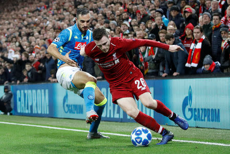 Soccer Football - Champions League - Group Stage - Group C - Liverpool v Napoli - Anfield, Liverpool, Britain - December 11, 2018 Liverpool's Andrew Robertson in action with Napoli's Nikola Maksimovic Action Images via Reuters/Carl Recine