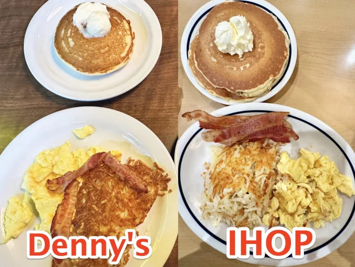 Breakfast platters with pancakes, eggs, hash browns, and bacon on wood tables from Dennys (right) and IHOP (left)