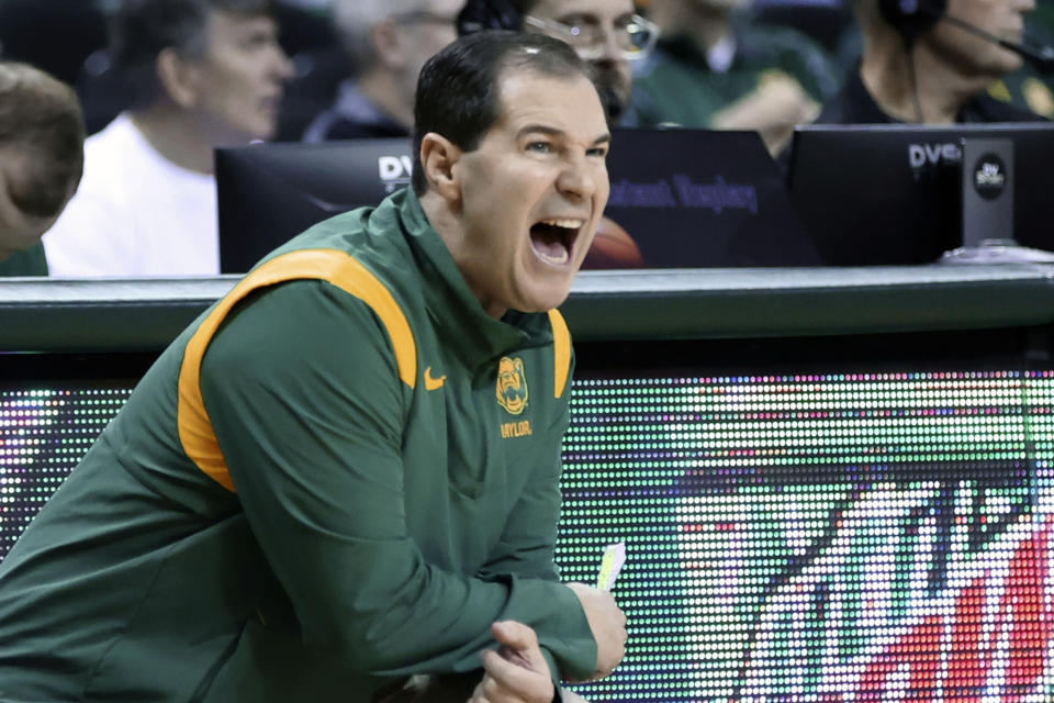 Baylor head coach Scott Drew reacts to a turnover against McNeese State in the second half of an NCAA college basketball game, Wednesday, Nov. 23, 2022, in Waco, Texas. (AP Photo/Rod Aydelotte)