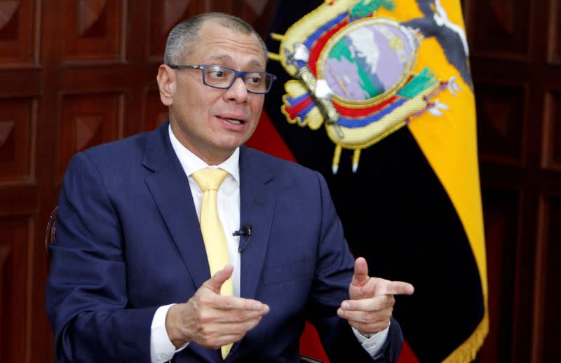 FILE PHOTO: Ecuador's Vice President Jorge Glas talks during an interview with Reuters at the Government Palace in Quito