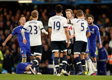 Britain Football Soccer - Chelsea v Tottenham Hotspur - Barclays Premier League - Stamford Bridge - 2/5/16 Tottenham's Eric Dier after fouling Chelsea's Eden Hazard receives a yellow card Action Images via Reuters / John Sibley Livepic