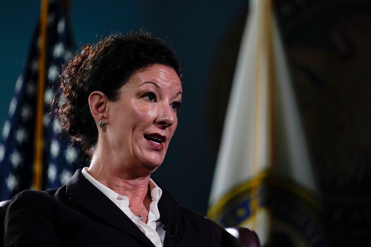 Colette Peters, director of the Federal Bureau of Prisons, speaks during at interview with the Associated Press at Federal Bureau of Prisons headquarters in Washington, Friday, Oct. 24, 2022.