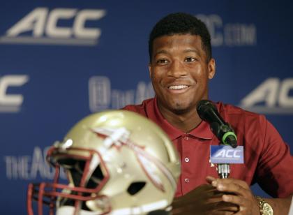 Jameis Winston was as poised as ever while speaking to reporters at the ACC's media event. (AP)