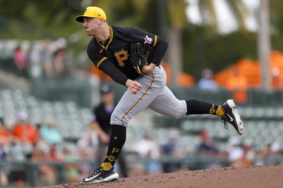 SARASOTA, FLORIDA - FEBRUARY 29: Paul Skenes #30 of the Pittsburgh Pirates pitches during a spring training game against the Baltimore Orioles at Ed Smith Stadium on February 29, 2024 in Sarasota, Florida. (Photo by Mike Ehrmann/Getty Images)