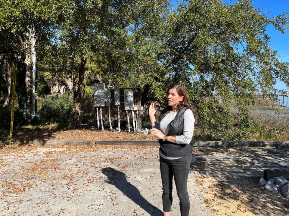 U.S. Rep. Nancy Mace speaks to reporters at Sams Point Boat Landing in December 2021 before departing for Morgan Island to see monkeys that she says the federal government should not use for testing. No monkeys were visible from offshore on this day. Karl Puckett