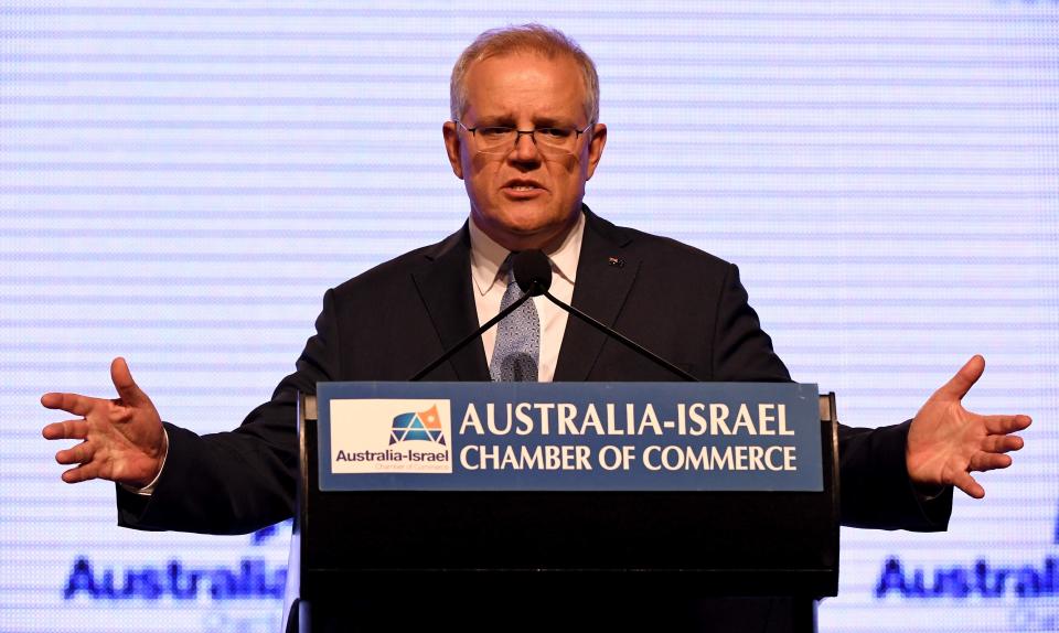 <p>Australia's Prime Minister Scott Morrison speaks during an address at the Australia-Israel Chamber of Commerce luncheon in Melbourne on 6 May, 2021</p> (AFP via Getty Images)