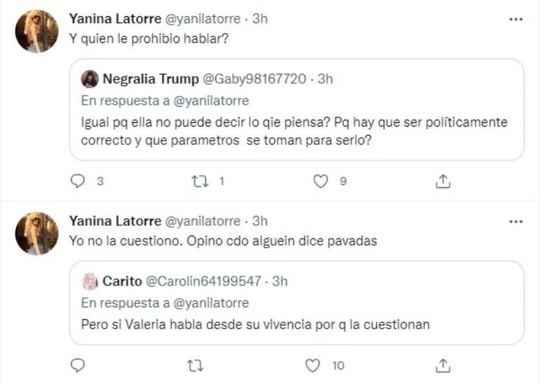 Tuit Yanina Latorre sobre Valeria Mazza.