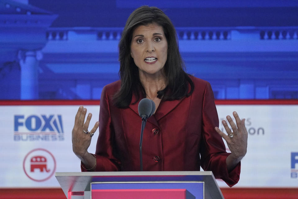 Former U.N. Ambassador Nikki Haley speaks during a Republican presidential primary debate hosted by FOX Business Network and Univision, Wednesday, Sept. 27, 2023, at the Ronald Reagan Presidential Library in Simi Valley, Calif. (AP Photo/Mark J. Terrill)